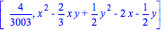 [4/3003, x^2-2/3*x*y+1/2*y^2-2*x-1/2*y]